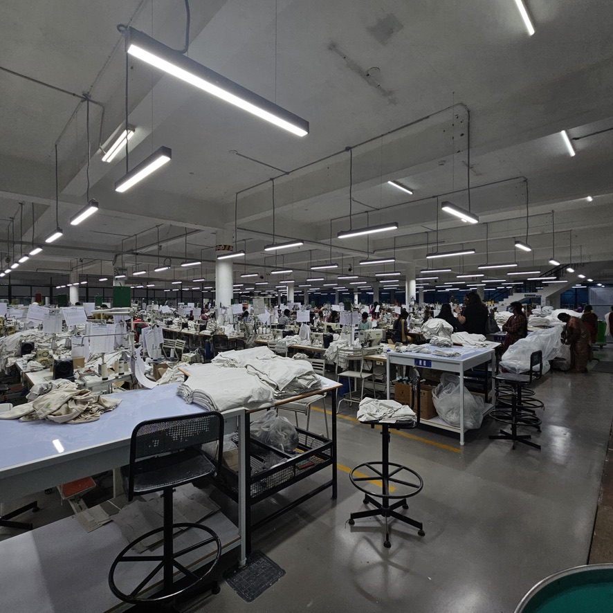 Production floor with workers sewing garments
