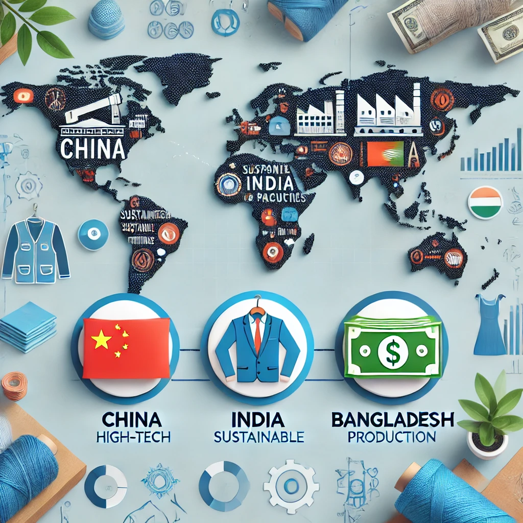 World map highlighting China, India, and Bangladesh with icons representing apparel sourcing: a factory for China (high-tech production), a fabric roll for India (sustainable textiles), and a dollar sign for Bangladesh (cost-effective manufacturing). Clothing items in the background symbolize garment production.